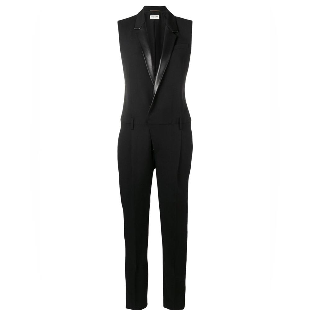 Saint Laurent Paris '19 Tuxedo Jumpsuit size FR 34 Black Wool Leather trim Pants